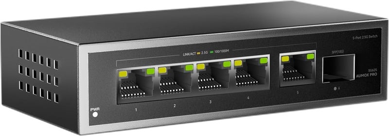AUMOX PRO 6 Port 2.5Gb Unmanaged Ethernet Switch with 5* 2.5G Base-T Ports, 1*10G SFP Ports, 60Gbps Switching Capacity Compatible with 100/1000/2500Mbps Plug and Play - Image 1
